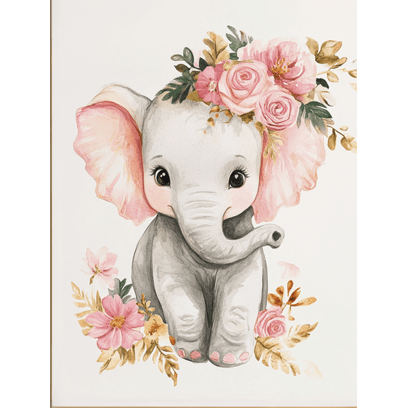 Cute Elephant Floral Watercolor Wall Art Canvas Painting Perfect for Living Room Bedroom Nursery Bathroom and Office Decoration.