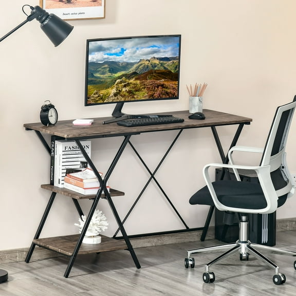 HOMCOM Computer Desk with Storage Shelves, Writing Desk for Home Office, Study Workstation, Brown