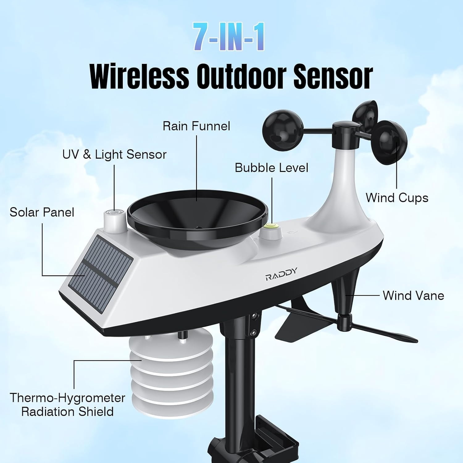 Raddy VP7 Wi-Fi Weather Station, 15-in-1 Wireless Weather Station Indoor Outdoor with Rain Gauge, Wind Speed, Temperature Humidity Monitor, Weather Forecast and Barometer, 7.4'' Digital Color Display
