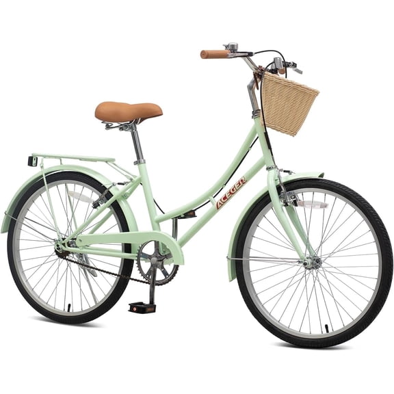 ACEGER 24 inch woman bike, single speed bicycle with rattan basket and rear rack, green