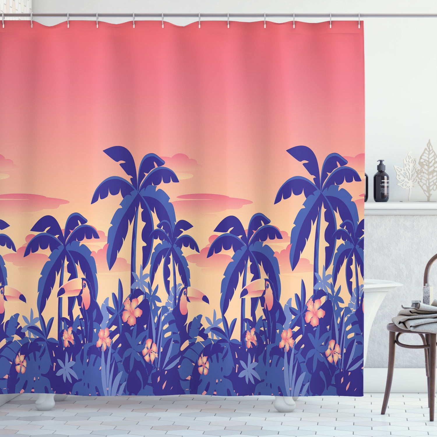 Hawaii Shower Curtain, Exotic Sunset Image with Toucans Palm Trees