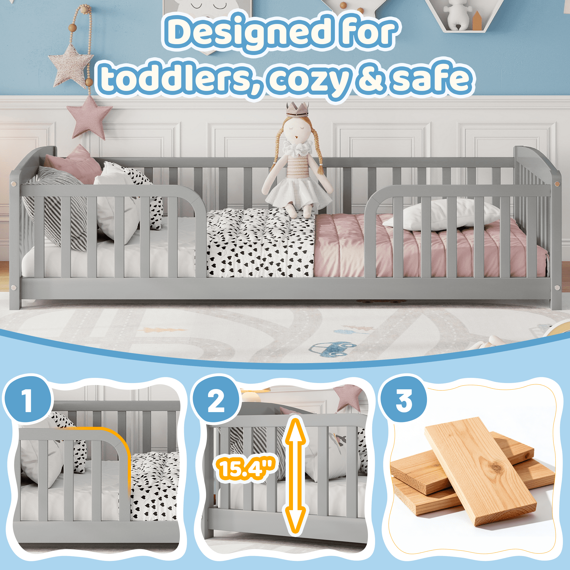 Alvantor Twin Size Floor Bed with Entrance and Guardrails – Low Montessori Wood Bed Frame for Toddlers, Grey