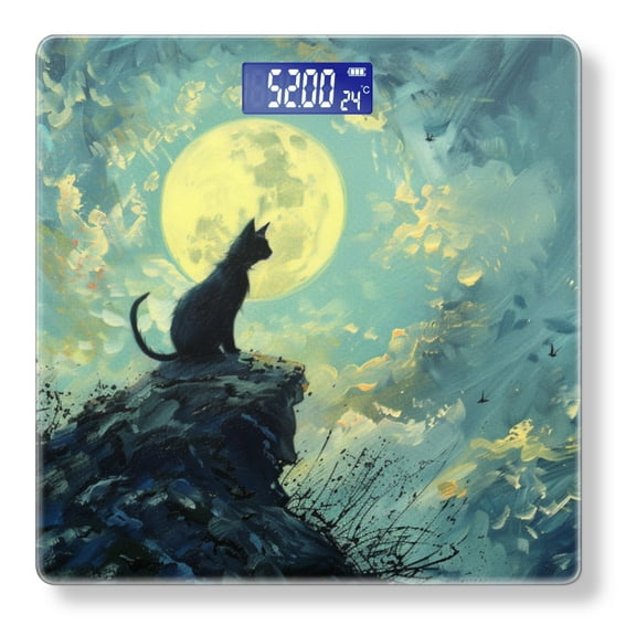 Bathroom Scale, Highly Accurate Digital Body Scale,Precisely Measures Weight up to 400 lbs-Black Cat Sits On The Edge Of Cliff And Gazing At The Full Moon
