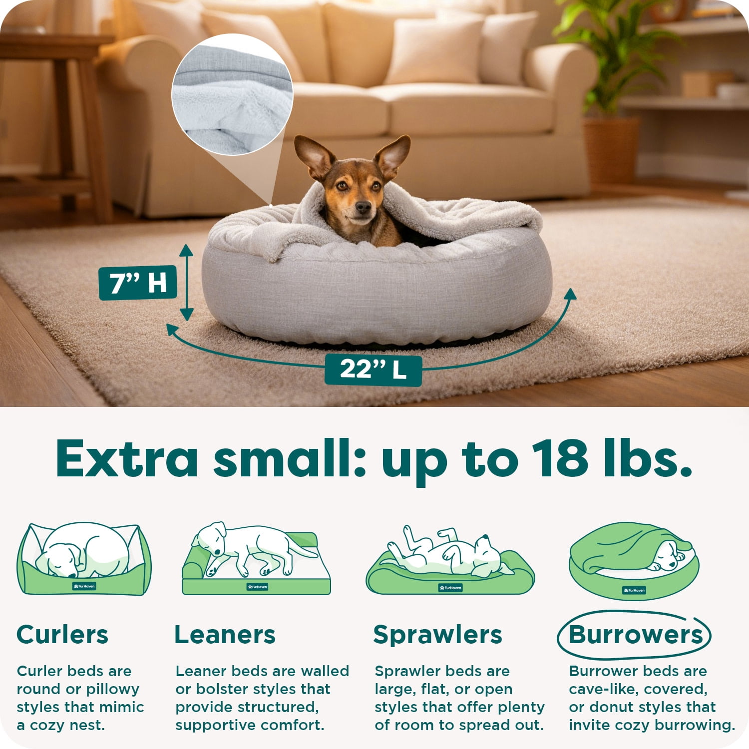 FurHaven Pet Products Extra Small Plush & Performance Linen Hooded Donut Dog & Cat Bed, Mist Gray