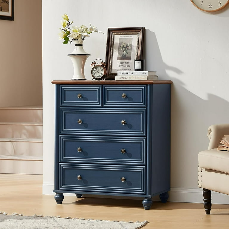 Farmhouse 5 Drawer Dresser, Blue Rustic Chest of Drawers, 35.5" Tall Small Dressers for Bedroom with Roman Column and Metal Handles,Wood Storage Organizer for Living Room, Hallway, Closet - Walmart.com Farmhouse 5 Drawer Dresser, Blue Rustic Chest of Drawers, 35.5" Tall Small Dressers for Bedroom with Roman Column and Metal Handles,Wood Storage Organizer for Living Room, Hallway, Closet - Walmart.com
