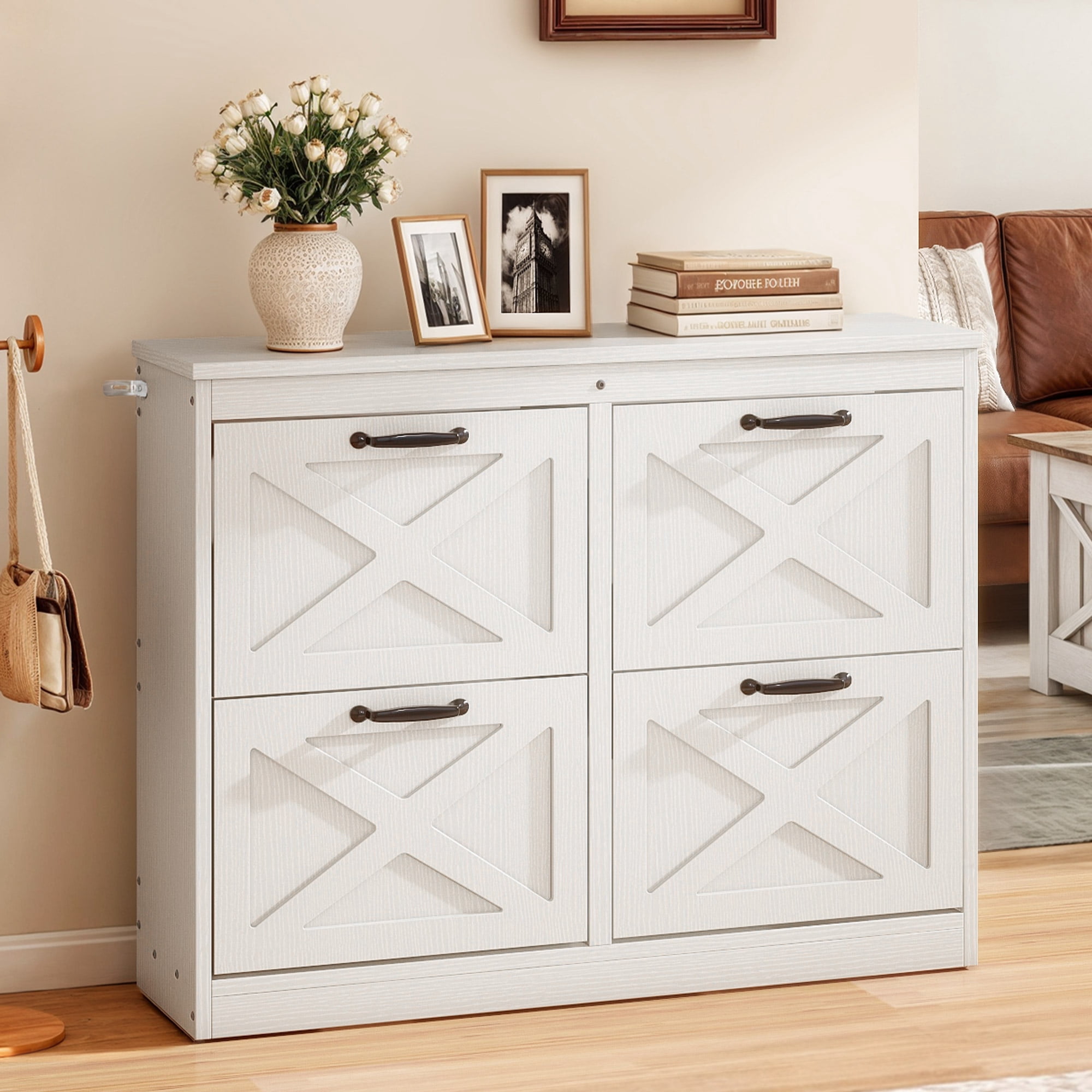 Uforic Shoe Cabinet with 4 Flip Drawers, Farmhouse Narrow Shoe Rack Organizer with Metal Legs, White