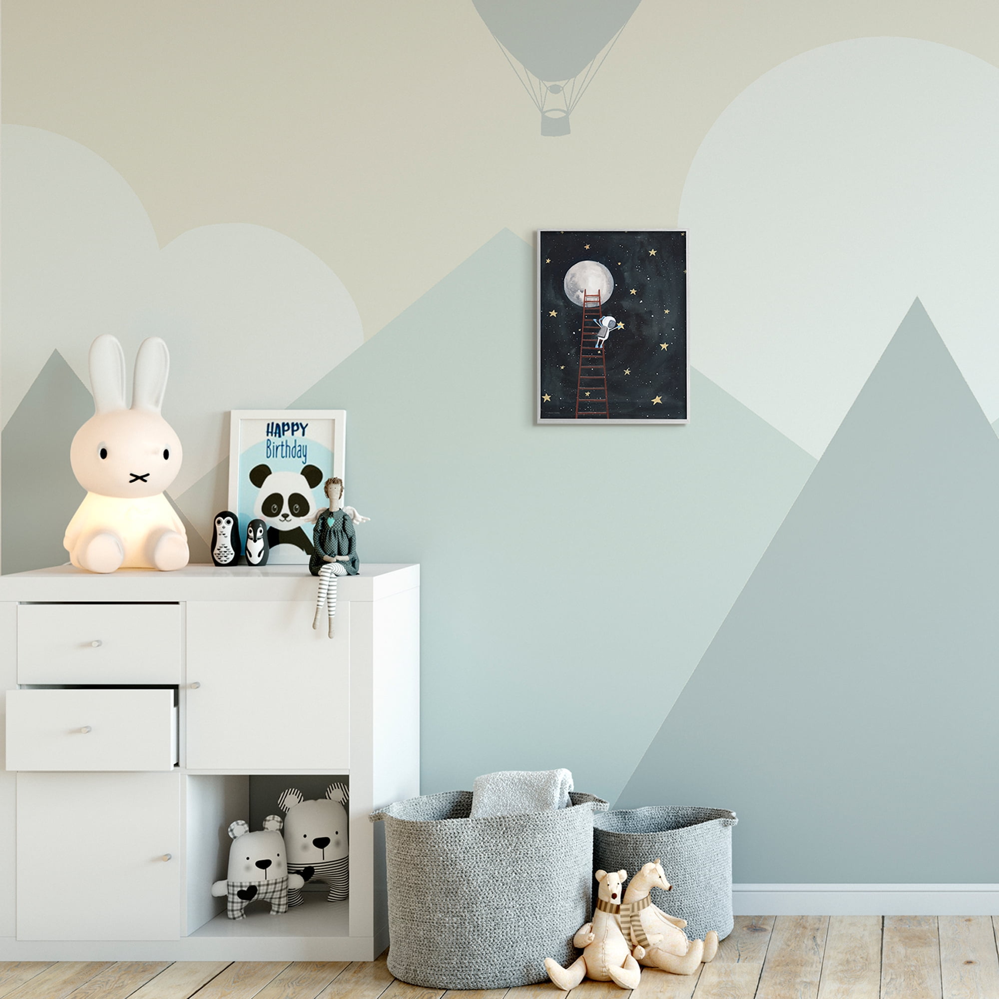 Stupell Industries Astronaut Hanging Stars Outer Space Ladder to Moon Graphic Art Gray Framed Art Print Wall Art, 11x14, by Rachel Nieman