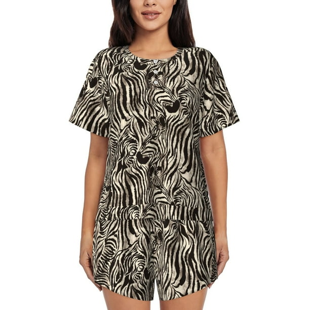 Fotbe Leopard And Zebra1 Conjunto de Pijama Estampado para Mujer, 2 Piezas, Ropa de Dormir con Camiseta de Manga Corta y Shorts Suaves-Medium