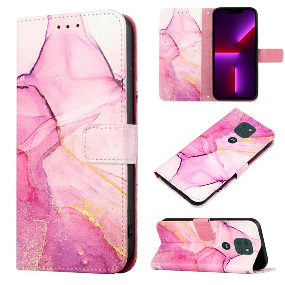 Allytech Moto G9 Plus Case Wallet,Stylish Marble Folding Kickstand Full Body Protection Shockproof Cards Pocket Wrist Strap Wallet Cover for Motorola Moto G9 Plus - Pink Marble