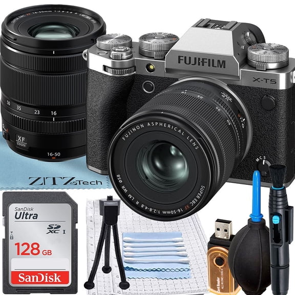 FUJIFILM X-T5 Appareil Photo Sans Miroir (Argent) avec Objectif XF 16-50mm + Carte Mémoire SanDisk 128 Go + Ensemble d'Accessoires ZeeTech