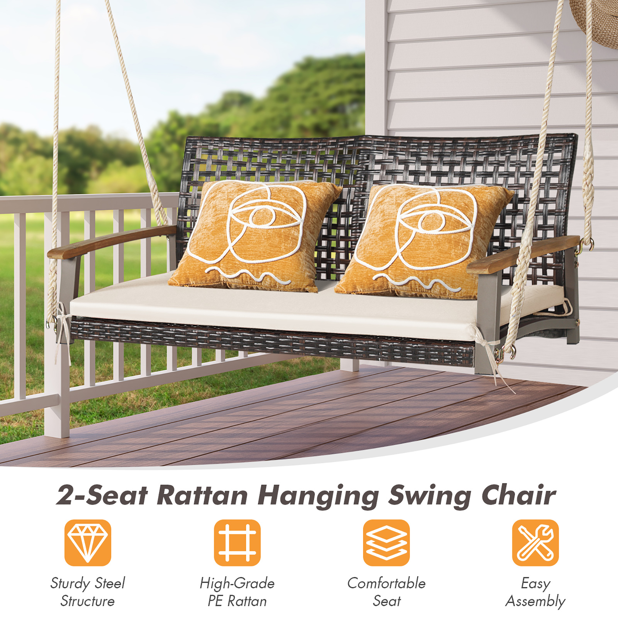 Costway 2-Person Patio Rattan Hanging Swing Chair Porch Loveseat Cushion Off White - image 5 of 10