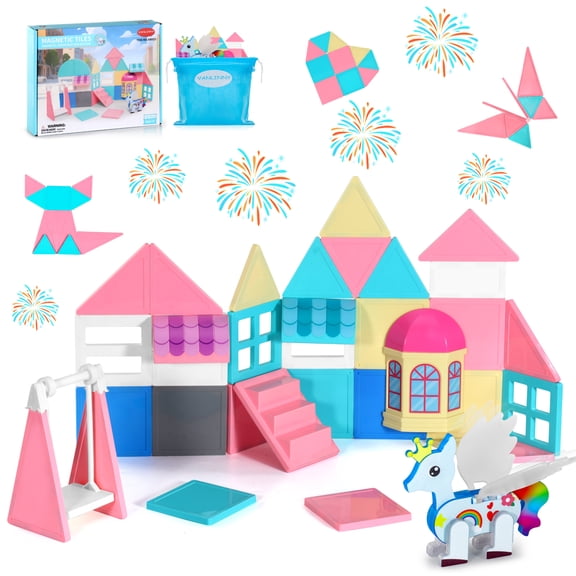 Unicorn Magnetic Tiles, Unicorn Toys for Girls Age 4-6, Princess Castle Magnet Toy for Kids Ages 4-8, Movable Magnetic Tiles 3D Educational Sensory Toys, Xmas Birthday Gifts for Boys and Girls