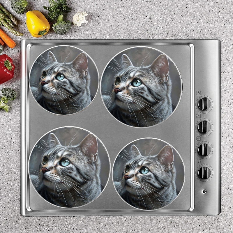 Bahomeck Electric Stove Burner Covers Set Of 4,Silver Tabby Cat With Gray Stripes And Silver And Green Eyes Metal Gas Stove Burner Covers,Protecting Gas Stoves,8 Inch And 10 Inch