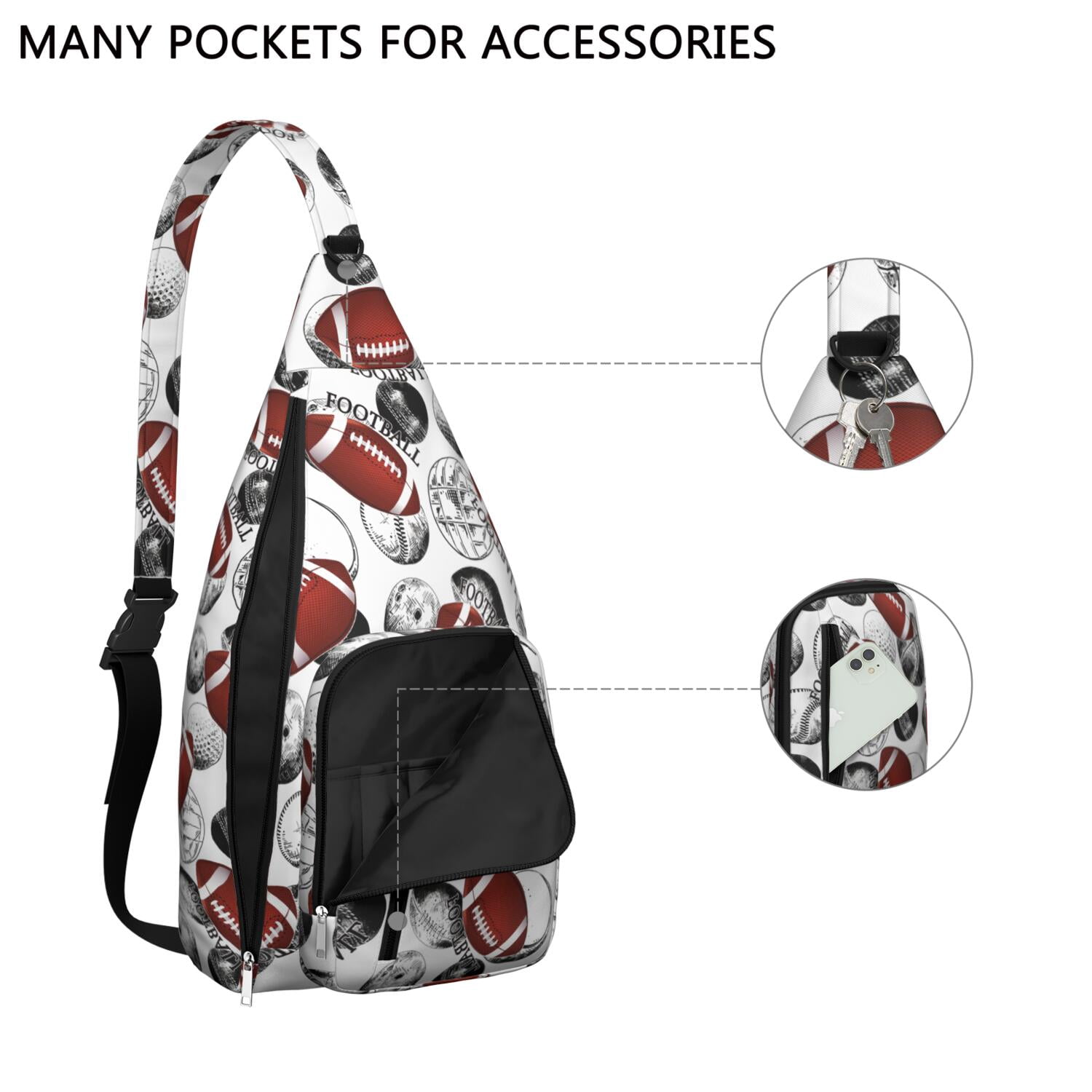 Sports Sling Backpack - Baseball, Football, Soccer, Basketball Print – Lightweight Crossbody Bag for Hiking, Gym, Travel – Athletic Gift for Sports Lovers
