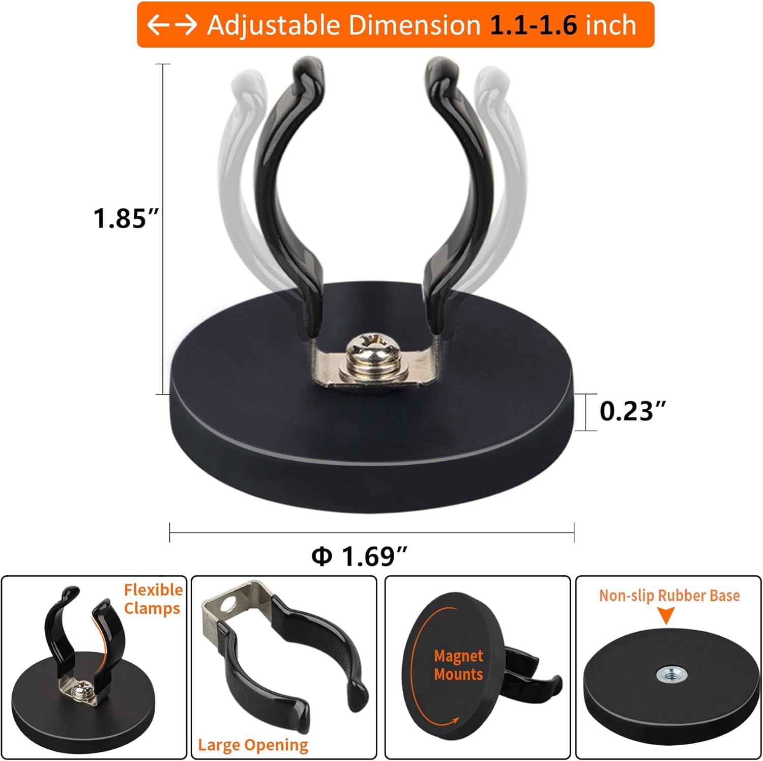 ABCISI 8PCS Universal Magnetic Hooks, Anti-Slip Magnetic Mount Heavy Duty Hooks for Flashlight Holder, Large Opening Durable Magnets Flexible Clamps for Garage Organize Garden Workshop Tools Storage