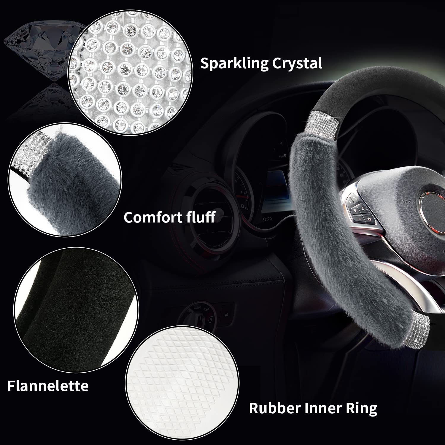 Rhinestone Fluffy Steering Wheel Cover Comfortable Non-Slip Luxury Faux Wool, Universal Fit for 14.5-15 Inches Steering Wheels