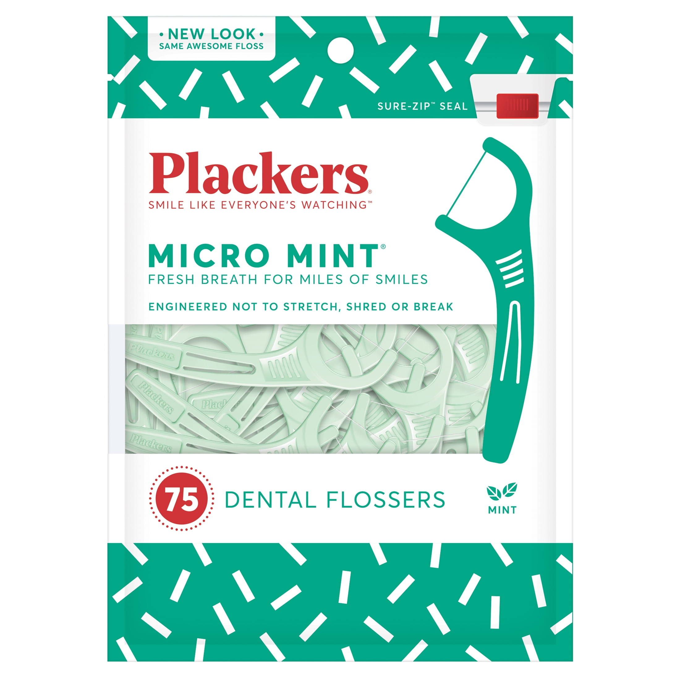 Plackers Micro Mint Dental Flossers, Fold-Out Toothpick, Super Tuffloss, Easy Storage with Sure-Zip Seal, Fresh Mint Flavor, 75 Count