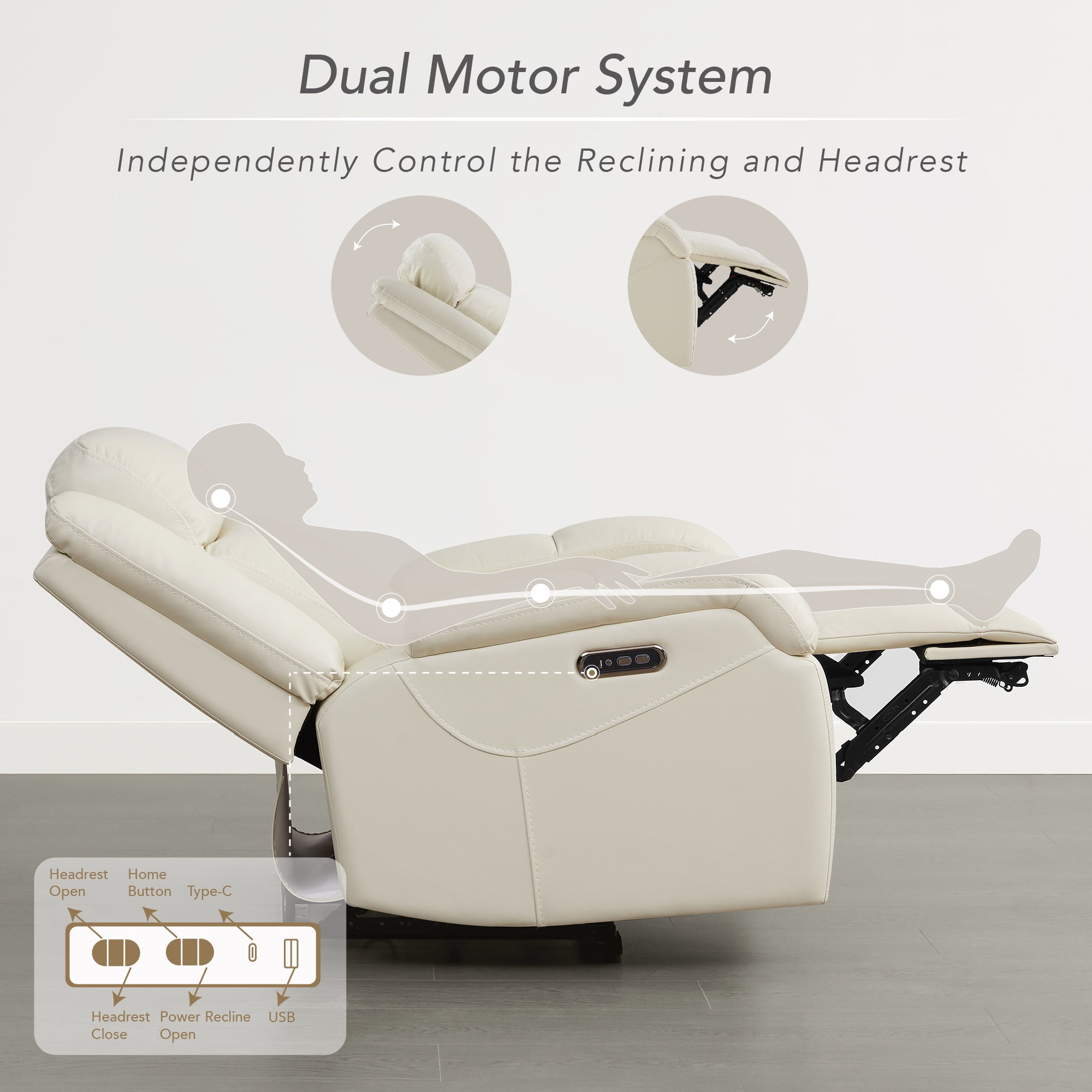 Spruce & Spring Genuine Leather Wall Hugger Power Recliner with Dual Motors, Cream-Medium