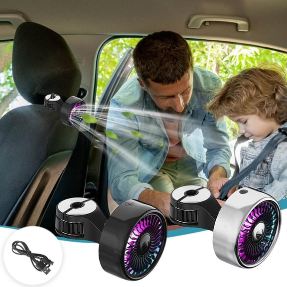Outoloxit Portable Car Headrest Fan with Rotating RGB Light and Storage Hook for Back Seat Passengers in SUVs, RVs, Boats