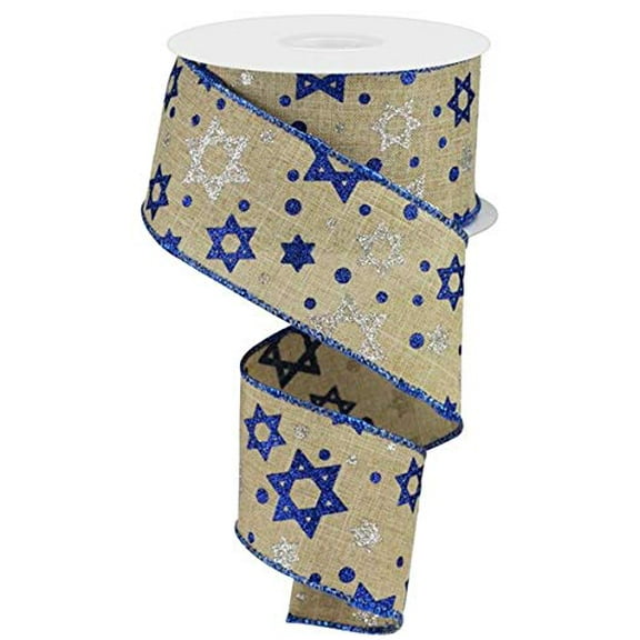 Glitter Star of David Hanukkah On Royal Wired Ribbon Beige Royal Silver 2.5 inches x 10 Yards (30 Feet)