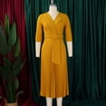 thumbnail image 3 of AURA Women’s Pleated Midi Dress Suit Collar High Waist Three Quarter Sleeve Solid Color S XXXL, 3 of 7