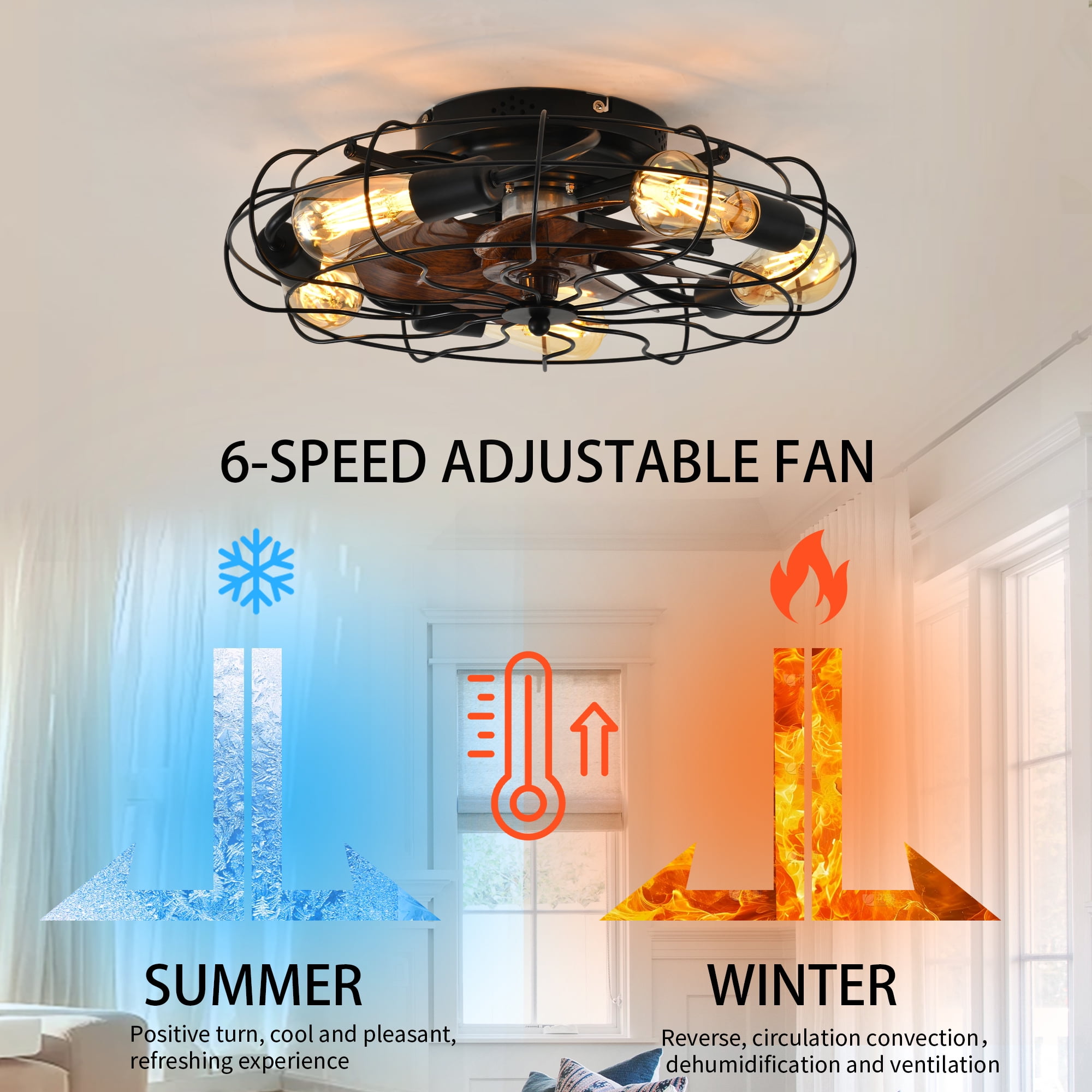 GCGAFUL 19.7 Inch Ceiling Fan with 5 Lights and Remote, Black Low Profile Flush Mount Caged Fan Light, Farmhouse Fan for Bedroom Kitchen