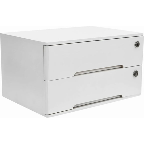 2-Tier Desk Organizer with Lockable Drawers, 2 Pairs of Keys, Wooden Desktop Storage Box, Categorized Storage Desktop File Cabinet(White)…