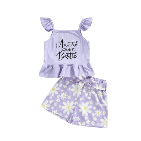 

Sunisery Toddler Kids Girls Summer 2Pcs Outfit Sets Sleeveless Letter Print Ribbed Vest + Floral Shorts with Belt Purple 3-4 Years
