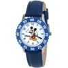 Mickey Mouse Boys'Stainless Steel Time Teacher Watch, Blue Bezel, Blue Leather Strap