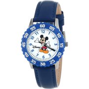 Mickey Mouse Boys'Stainless Steel Time Teacher Watch, Blue Bezel, Blue Leather Strap