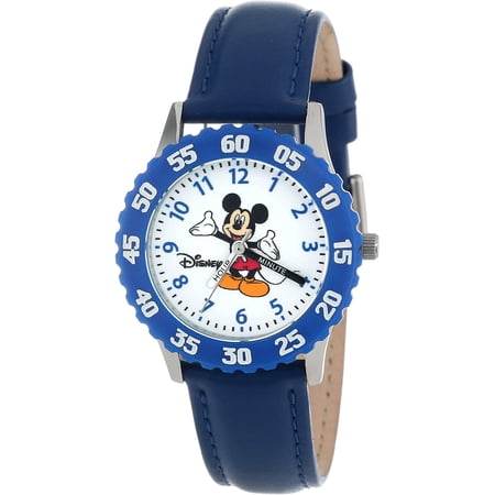 Mickey Mouse Boys'Stainless Steel Time Teacher Watch, Blue Bezel, Blue Leather Strap
