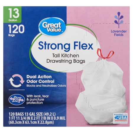 Great Value Strong Flex 13-Gallon Drawstring Tall Kitchen Trash Bags, Lavender Fields, 120 Bags