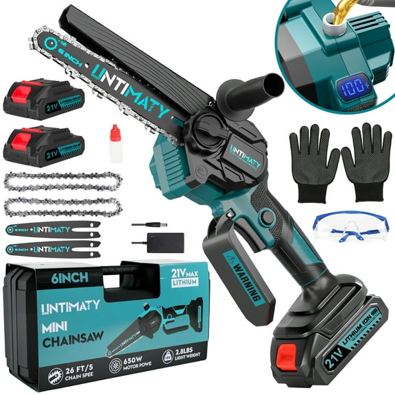 UNTIMATY Mini Cordless Chainsaw 6 inch Small Electric Chainsaw Battery Powered Hand Held Pruning Chainsaw for Wood Cutting and Tree Trimming, Blue