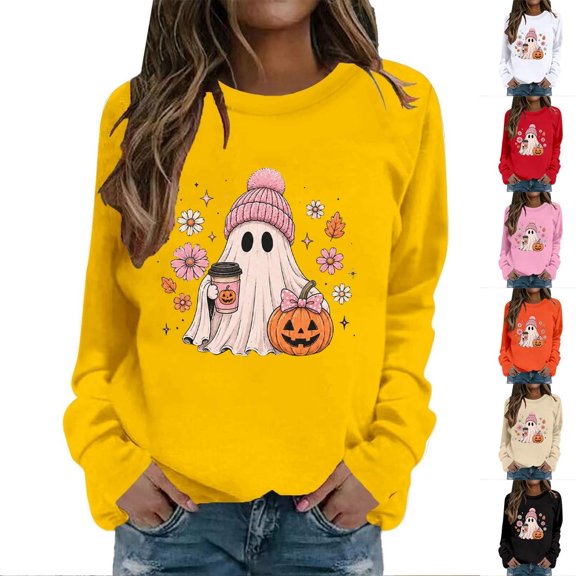 Xingjin Women's Halloween Sweatshirt Cute Ghost Pumpkin Graphic Crewneck Long Sleeve Pullover Casual Fall Top Soft Loose Fit Halloween Clothes for Women