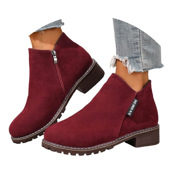 YLYL Suede Ankle Boots for Women Chunky Heel No Slip Lug Sole Round Toe Side Zipper Fashion Casual Booties