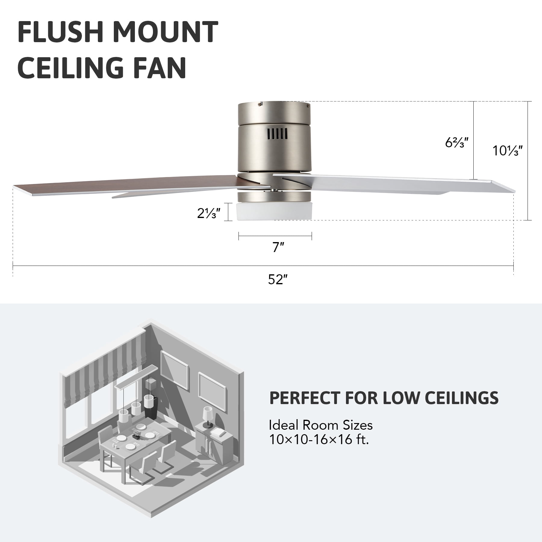 Bestco Ceiling Fan with Light Color Settings Remote 52" Reversible Wood Silver Blades