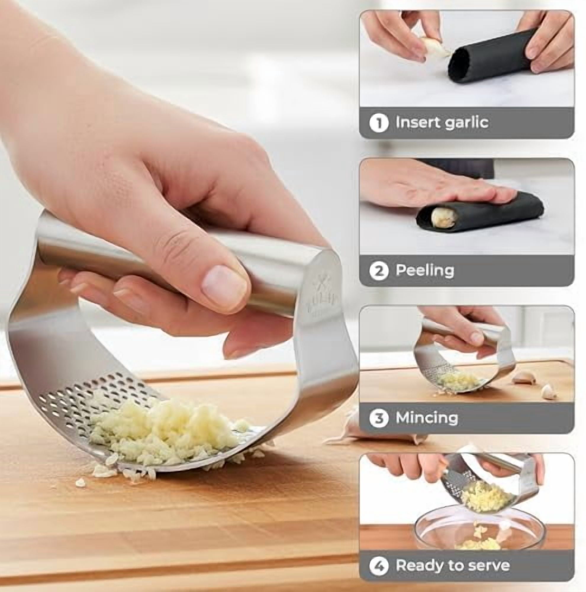 Stainless Steel Garlic Press Rocker Set - Time Saving, Durable Strong Garlic Mincer Tool - Easy to Use & Clean Garlic Crusher Set with Peeler and Scraper Kitchen Gadget Smasher