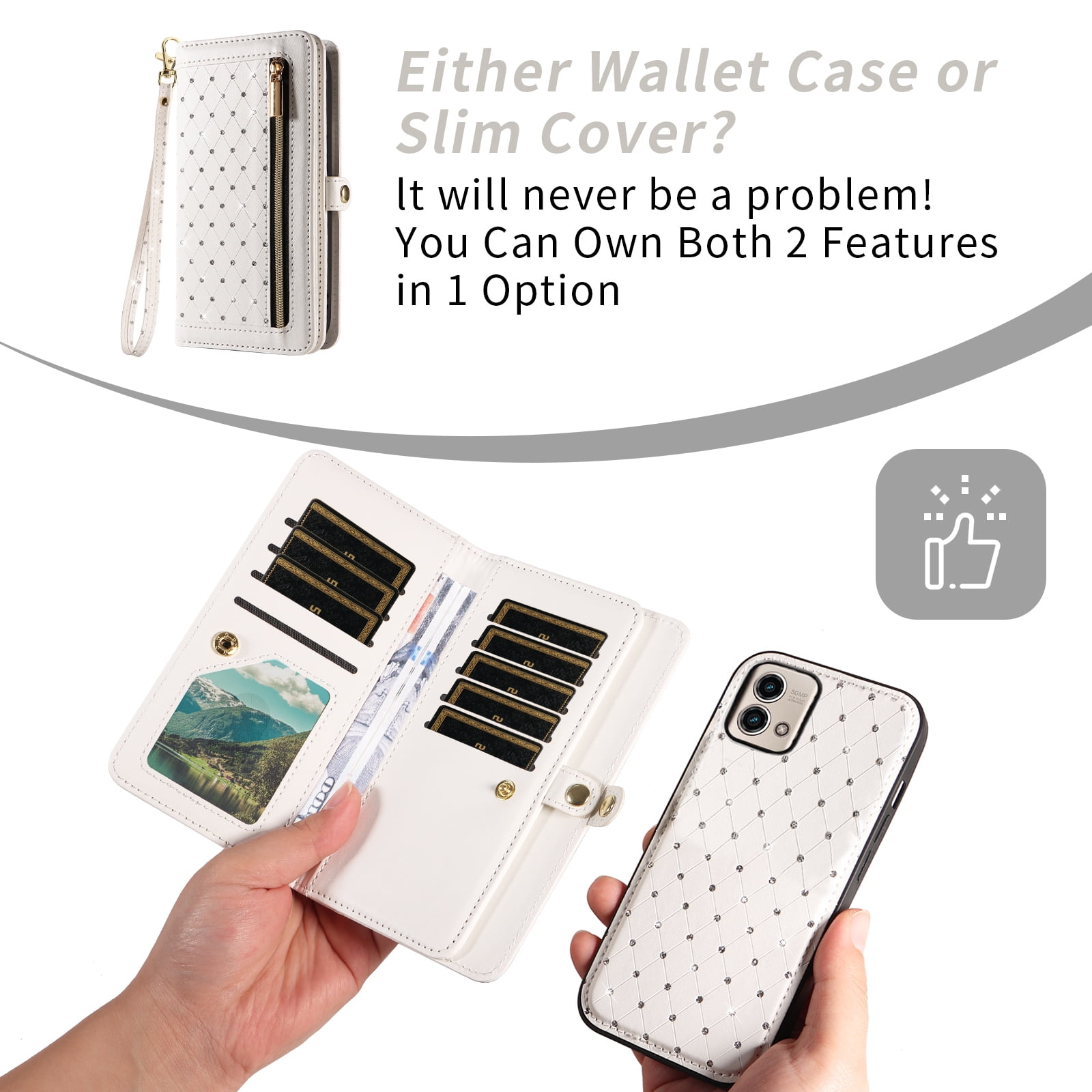 Asuwish Phone Case for Motorola Moto G Stylus 5G 2023 Zipper Wallet Detachable Cell Cover with Tempered Glass Screen Protector Crossbody Lanyard Strap Bling Glitter Flip Card Holder Slot Women White
