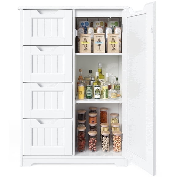 33'' Small Food Pantry Cabinet with Doors and Shelves, Noelse Wooden Kitchen Storage Cabinet with 4 Drawers for Kitchen Organization, White