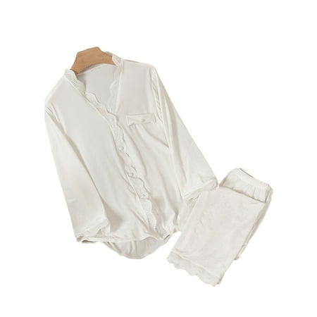 

Paille Ladies Sleepwear Lace Trim Nightwear Velvet Pajamas Sets Baggy Elastic Waist Lounge Set V Neck White 2XL