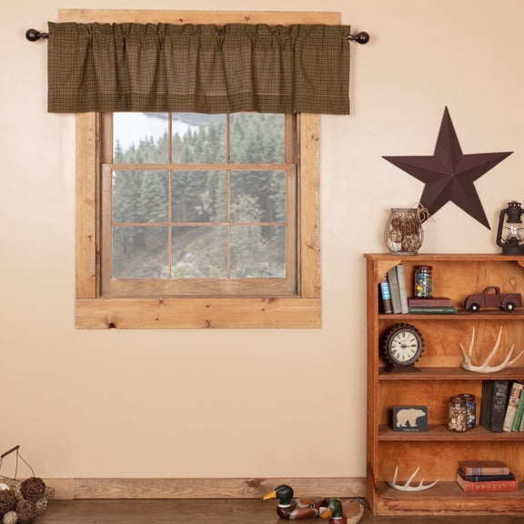 VHC Brands Tea Cabin Rustic 16"x72" Green Plaid Valance Rod Pocket Cotton Kitchen Window Curtains