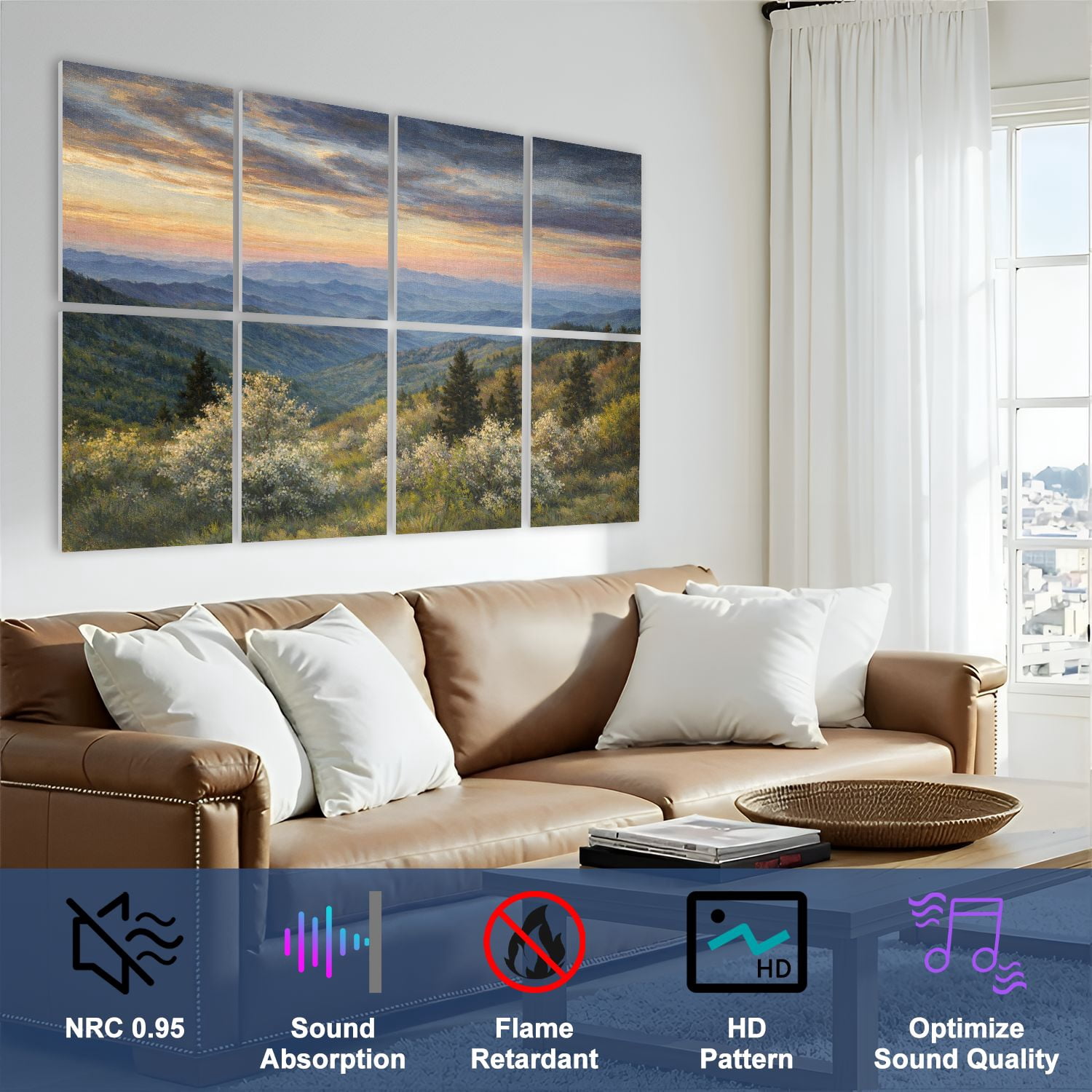 Rustic 8 Pack Art Acoustic Panels Sound Absorbing Scenic Blue Ridge Parkway Appalachians Smoky Mountains Decorative Soundproof Wall Panels Self Adhesive for Nursery Game Room Bedroom 48"x32"
