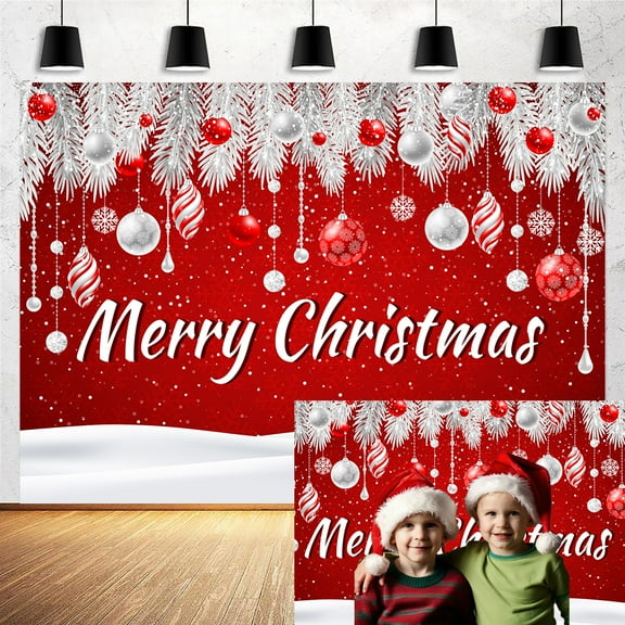 7x5ft Christmas Backdrop Party Decoration Merry Christmas Backdrops Banner Xmas Tree Pine Branch Photo Booth Props Background White Red Decor Family Christmas Winter New Year Birthday Supplies