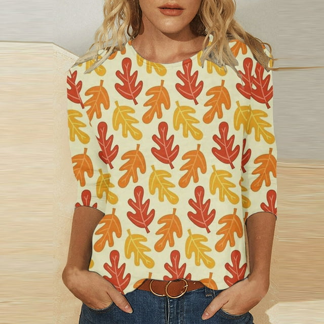 Xihbxyly Hauts pour Femmes Décontractés T-shirt de Mode pour Femmes Mi-Long Manches 3/4 Blouse Col Rond Hauts Décontractés