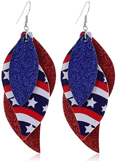red white and blue earrings Teardrop shape faux leather earrings July 4th earrings Stars and Stripes earrings