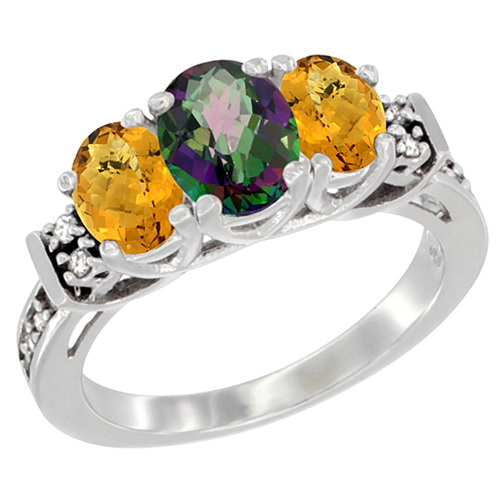 10K White Gold Natural Mystic Topaz & Whisky Quartz Ring 3-Stone Oval Diamond Accent, sizes 5-10 by WorldJewels