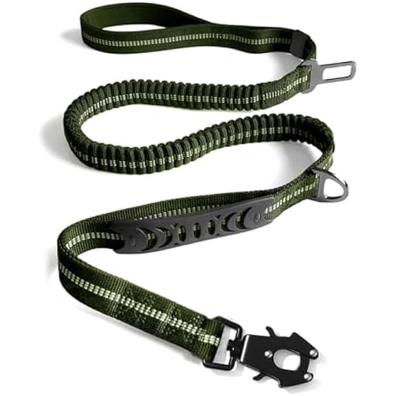Eryueer Heavy Duty Tactical Dog Leash, 4-6FT Shock Absorbing Bungee Lead with 2 Padded Handles, Metal Carabiner & Seatbelt Clip, Reflective No-Pull Leash for Medium/Large Dogs (ArmyGreen)