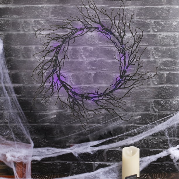 Xihbxyly Corona de Halloween con Luces Led Preiluminadas, Diseño de Ramitas Espeluznantes, Decoración para Interiores y Exteriores, Decoración para Fiestas, Adorno Único para Puerta de Entrada, Tamañ