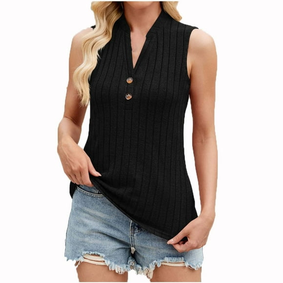 Uaswgudfs Womens Cotton Sleeveless Vest Summer V Neck Lightweight Casual Button Front Loose Fit Knit Pullover Polo Tank Top 2025