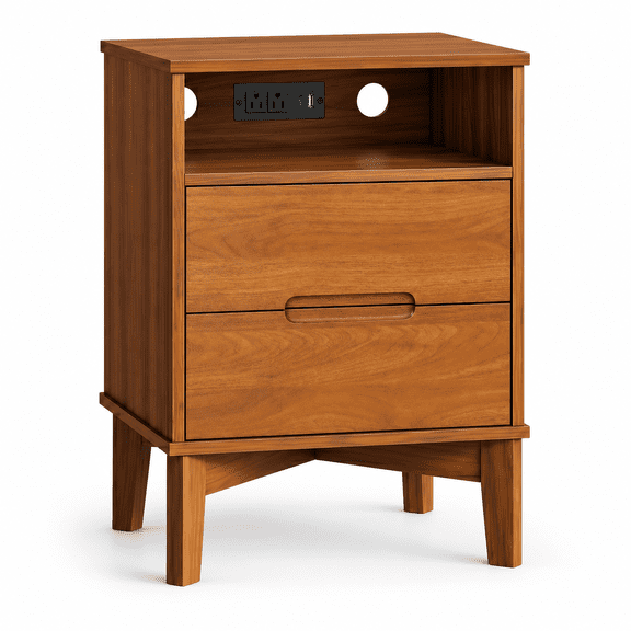 Mid-Century Modern Nightstand with Charging Station, Tall 26" Bedside Table with Storage, 2 Drawers & Open Shelf, Wooden Accent Table for Bedroom, Walnut Finish